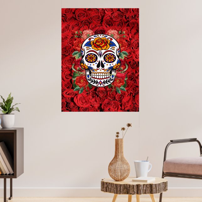 Socker Skalle Rosa Röda Rosor Högtider Stor Poster (Vardagsrum 3)