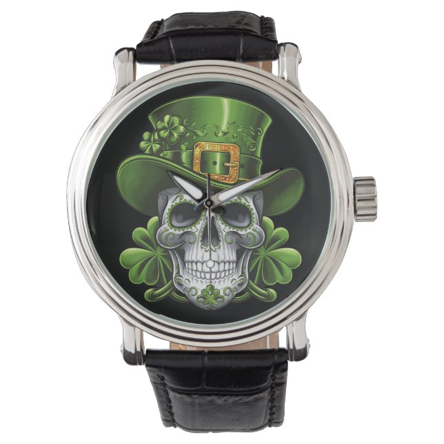 Socker Skalle St Patrick's Day Shamrock Armbandsur (Framsida)