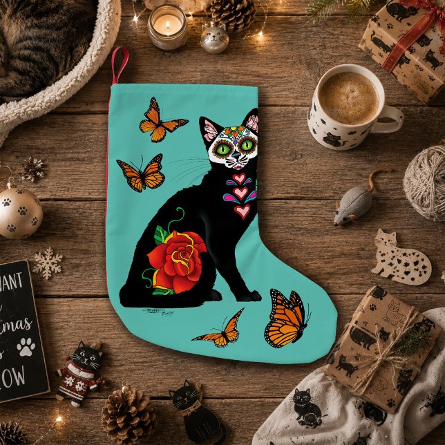 Socker Skalle Svart Katt Rosa Turkos Hjarta Liten Julstrumpa (Skapare uppladdad)