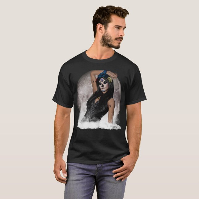 Socker Skalle Vision Blå Ögon Fullmåne T Shirt (Hel framsida)