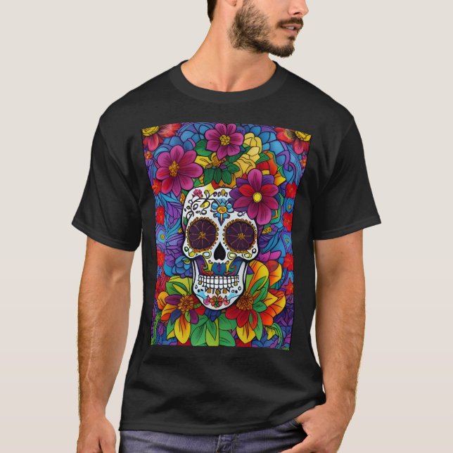 Socker Skull Art - Blommigt Fiesta T Shirt (Framsida)