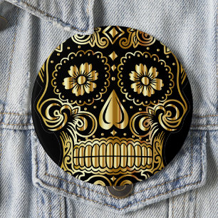 Socker Skull Art, Day of the dead Black och Guld Knapp