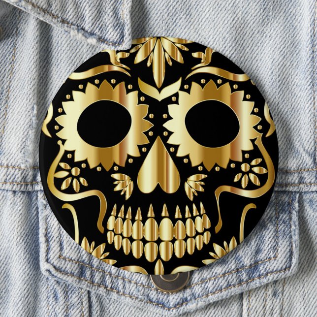 Socker Skull Art, Day of the dead Black och Guld Knapp (Skapare uppladdad)