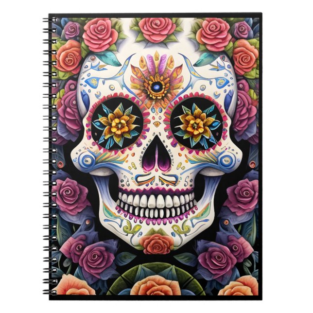 Socker Skull Art - Dia de los Muertos Blommigt Sku Anteckningsbok (Framsidan)