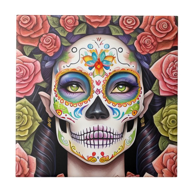 Socker Skull Art - Kvinnor i Dazzling Makeup Kakelplatta (Framsidan)