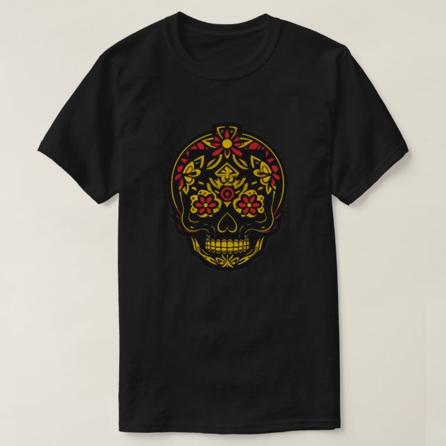 Socker Skull Art - Svart, Röd och Guld T Shirt (Design framsida)