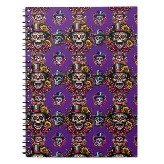 Socker Skull Art-Top hat Blommigt Fiesta (Lila) Anteckningsbok (Framsidan)