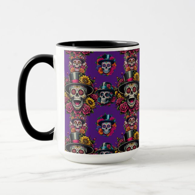 Socker Skull Art-Top hat Blommigt Fiesta (Lila) Mugg (Vänster)
