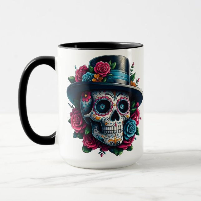 Socker Skull Art - Top hat och Rosa ros Mugg (Vänster)