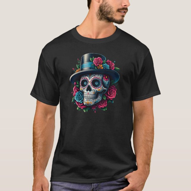 Socker Skull Art - Top hat och Rosa ros T Shirt (Framsida)