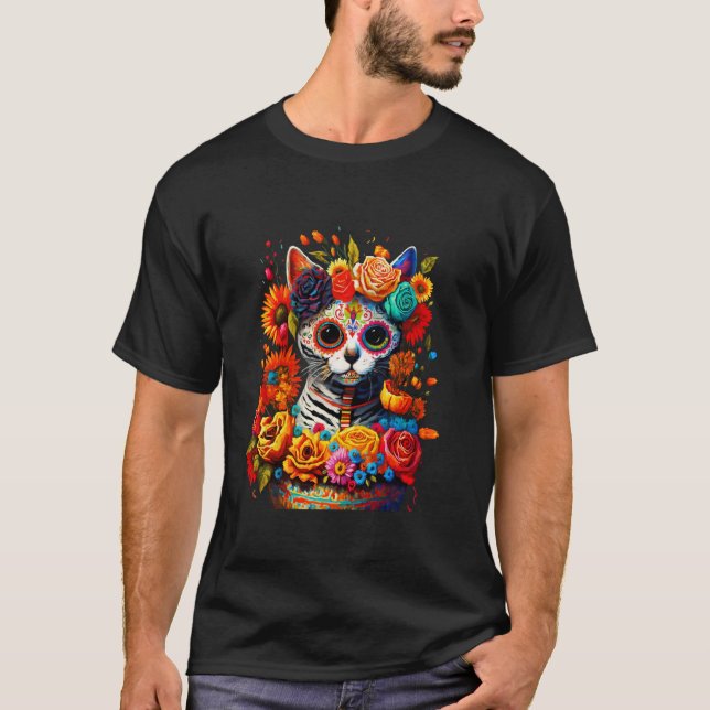 Socker Skull Cat de Los Muertos La Catrina Day of  T Shirt (Framsida)