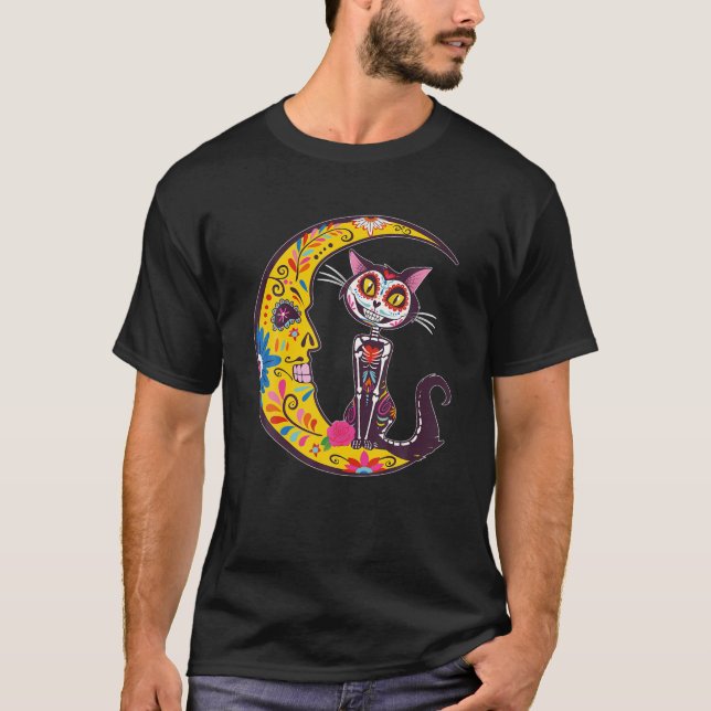 Socker Skull Cat och Måne Dia de Los Muertos Mexik T Shirt (Framsida)