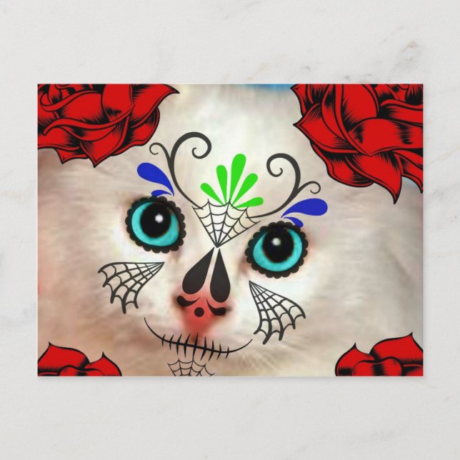 SOCKER SKULL DAY OF THE DEAD CAT KATTUNGE VYKORT (Framsida)