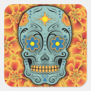 Socker Skull - Day of the dead (Marigold) Fyrkantigt Klistermärke