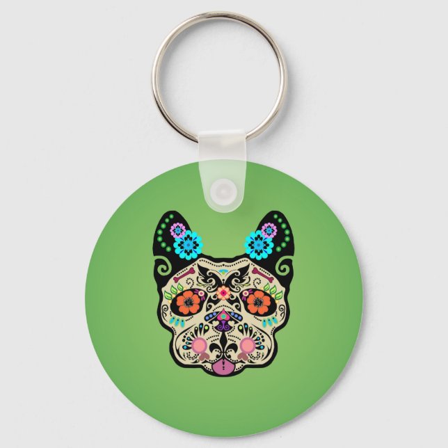 Socker Skull Frenchie - Grönt Nyckelring (Framsida)