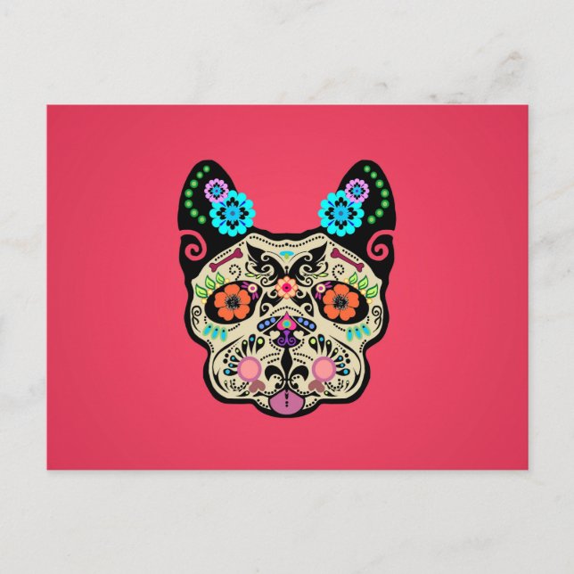 Socker Skull Frenchie - Rosa Vykort (Framsida)