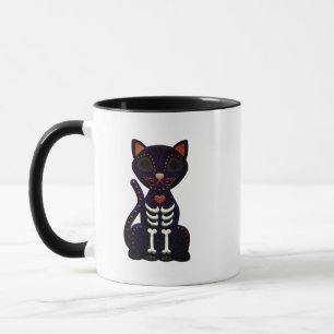 Socker Skull Halloween Mugg - Spooky Black Cat Des