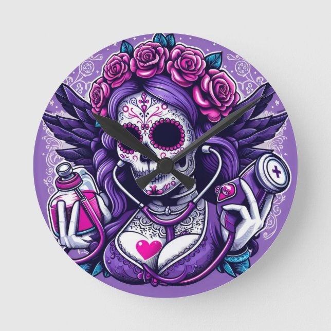 Socker Skull Nurse Clock Rund Klocka (Framsida)