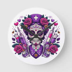 Socker Skull Nurse Clock Rund Klocka