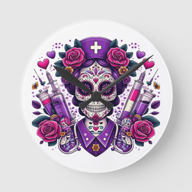 Socker Skull Nurse Clock Rund Klocka (Framsida)