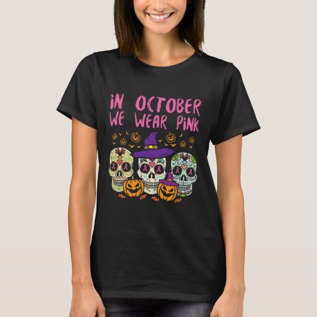 Socker Skull Oktober Rosa Breast Cancer Awareness  T Shirt (Framsida)