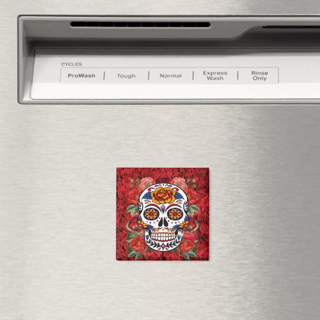 Socker Skull Rosa Röd ros Helgdagar Kitchen Magnet (In Situ (Dishwasher))