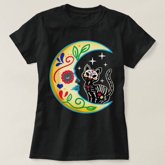 Socker Skullkatt Måne Halloween Day of the dead T Shirt (Design framsida)