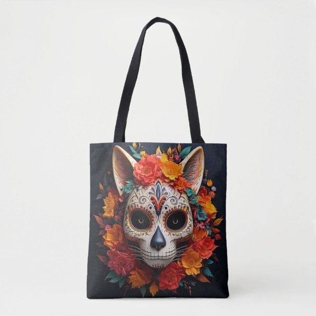 Socker Skullkatt med blommor, Toxt Tygkasse (Framsida)