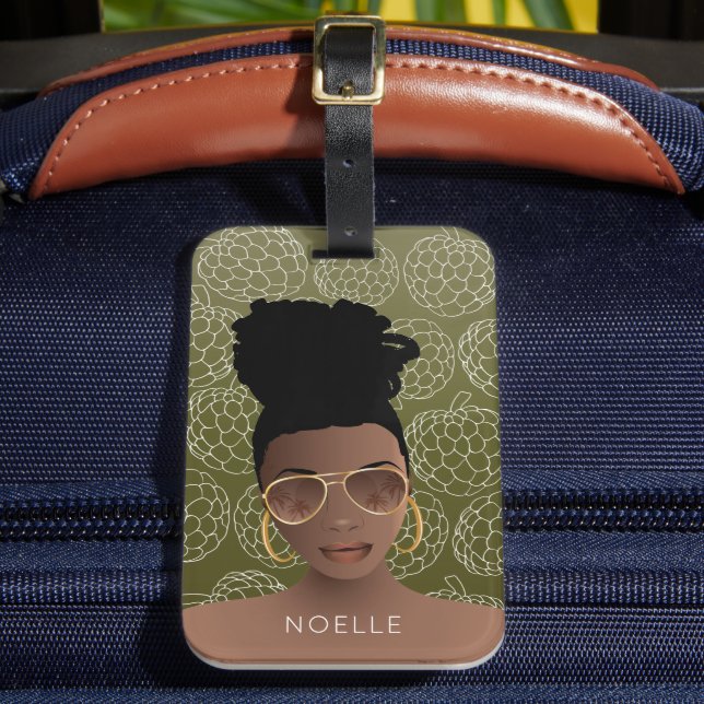 Sockeräpplen Mönster, svart kvinna, Oliv grönt lug Bagagebricka (Framsida Insitu 2)