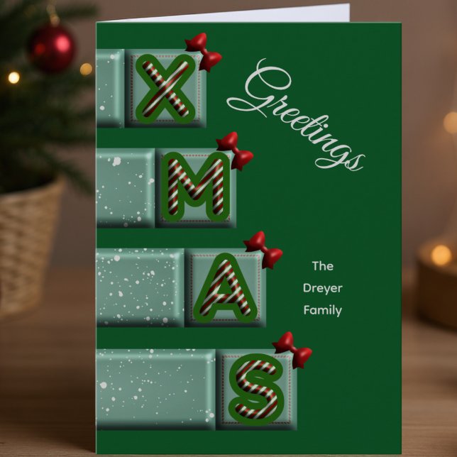 Sockerbitsblock XMAS Anpassad familjehälsning Julkort (Hand-drawn candy cane blocks + your name = cutest XMAS card ever.)
