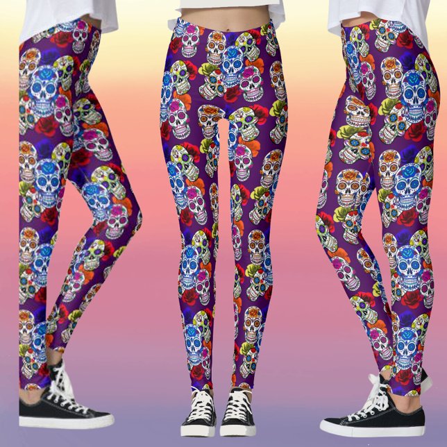 SockerDöskallar Färgfull Ro Cinco Alla själar Leggings (Sugar Skulls Colorful Roses Cinco All Souls Leggings)