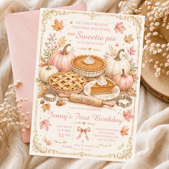 sockerkaka till höstfödelsedag med pumpa rosa slin inbjudningar (Skapare uppladdad)