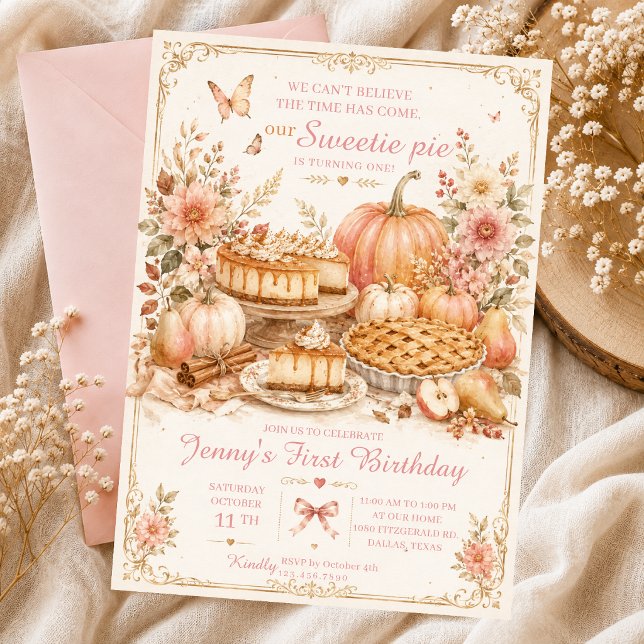sockerkaka till höstfödelsedag med pumpa rosa slin inbjudningar (Skapare uppladdad)