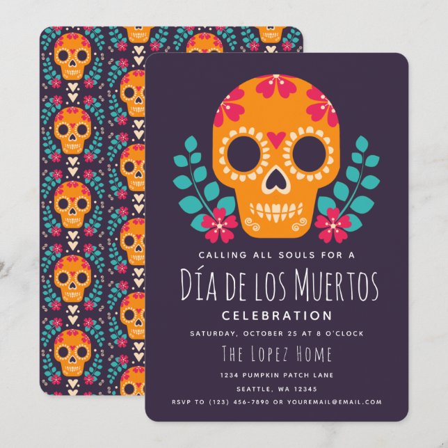 Sockerkallar Día de los Muertos-firande Inbjudningar (Fram/baksida)