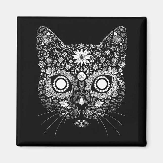 Sockerkatt Skalle Blomma Konstnärlig Design  Magnet (Framsidan)