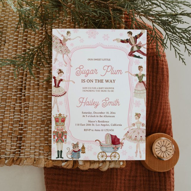 Sockerplommon Baby Shower Inbjudan för Flickor (Sugar Plum Nutcracker baby shower invitation for a magical Christmas celebration for baby girl. 🎀🎄)