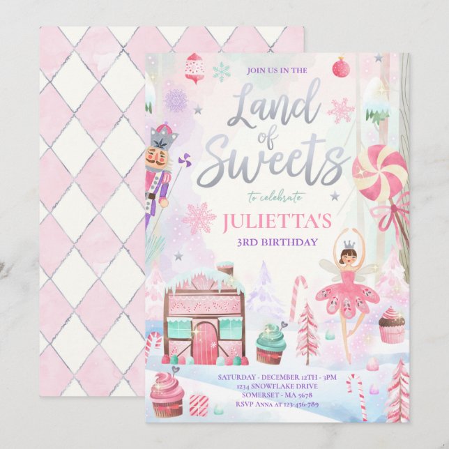 Sockerplommon Fairy Land of Sweet Nutcracker Birth Inbjudningar (Fram/baksida)
