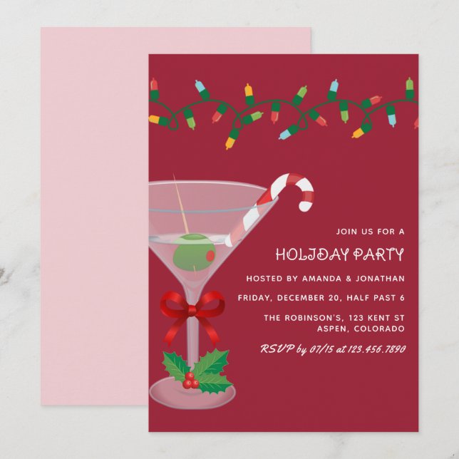 Sockerplommon Rosa Jul Högtidlig Cocktailfest Inbjudningar (Fram/baksida)