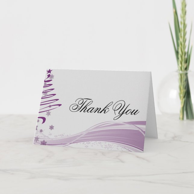 Sockerplommonträd och snöflingor i lila tack kort (Framsida)