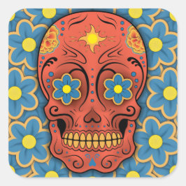 Sockerskal - Day of the dead (blå Daisy) Fyrkantigt Klistermärke