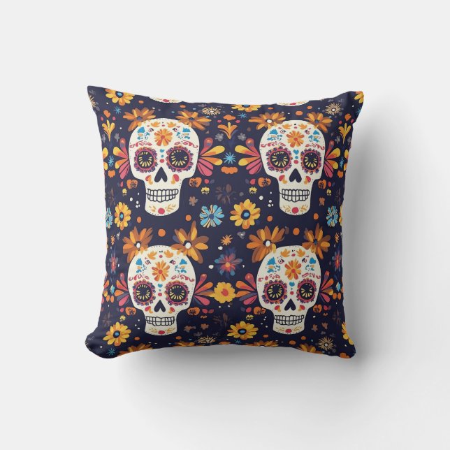 Sockerskalle av färgat day of the dead kudde (Framsida)