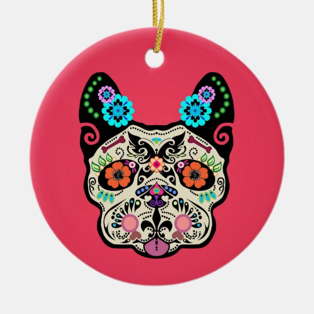 Sockerskalle Frenchie - rosa Julgransprydnad Keramik (Framsidan)