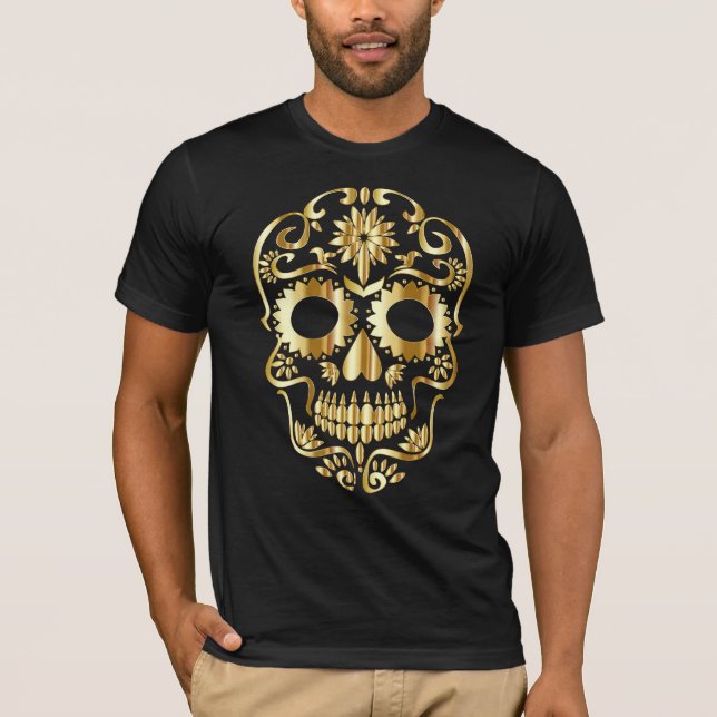 sockerskalle guld gothic day of the dead biker tee shirt (Framsida)
