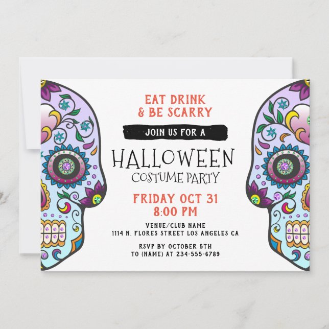 Sockerskalle Halloween Anpassningsbar Party Inbjud Inbjudningar (Framsida)