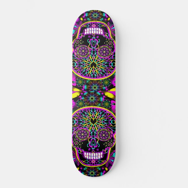 Sockerskalle i neonrosor skateboard bräda 20,5 cm (Framsida)