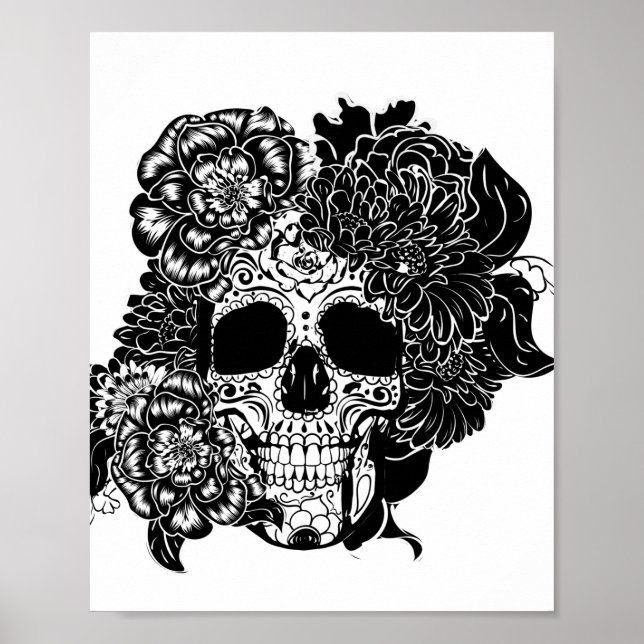 Sockerskalle med blommor i svartvitt poster (Framsidan)
