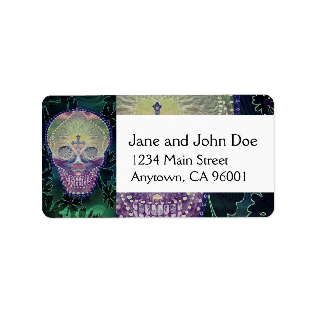 Sockerskalle med regnbåge färg, hjärtan adressetikett (Framsidan)