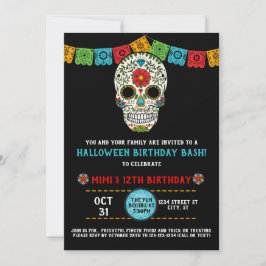 Sockerskallefödelsedag, day of the dead, svart inbjudningar