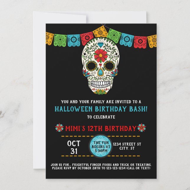 Sockerskallefödelsedag, day of the dead, svart inbjudningar (Framsida)