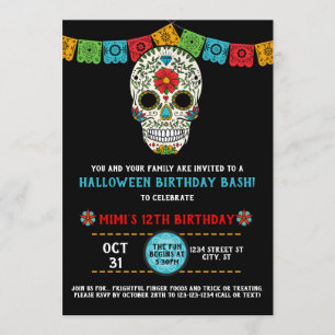 Sockerskallefödelsedag, day of the dead, svart inbjudningar